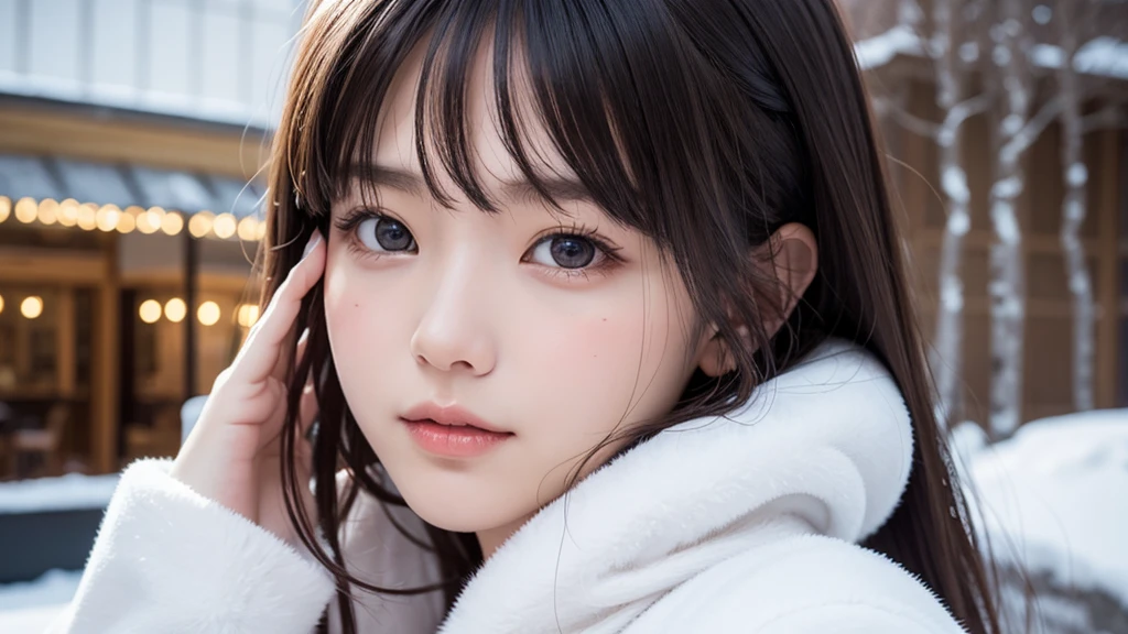 ((dim)), Lonely look、Photorealism、Highest quality、Ultra High Resolution、photograph、Most beautiful Japanese girls photograph、Cute and beautiful facial details、(Small face:1.1)、(Face to face with the children_v1:0.008)、beautiful bangs、Alice in Wonderland、、Glowing White Skin、Hair gets tangled in the face、Bangs that reach your face、bangs、Hair between the eyes、Curly Hair、Super long hair、Attractive long straight silky black hair、Beautiful bright, clear, large black eyes that are captivating and shining、Winter clothing, Entrance to the building, Snow all around、(From the side:1.3)、arched back、(One girl, alone:1.5), (Beautiful background, Details background:1.5), (masterpiece, Highest quality:1.3), beautiful details glow, Best lighting, (((Highest quality, Fabric Shading, ultra detailed))), extremely detailed CG unity 8k wallpaper, Very detailed and beautiful、beautiful, The best light, High resolution, detailed, Dynamic Lighting, super details skin, Intricate details, Hyper Detail, Sharp details, detailed, High resolution, Intricate details, (Delicate facial features:1.3), (Very spacious:1.3), (Panoramic View:1.3), (Depth:1.5), (Long Shot:1.3), (Nice views:1.3),