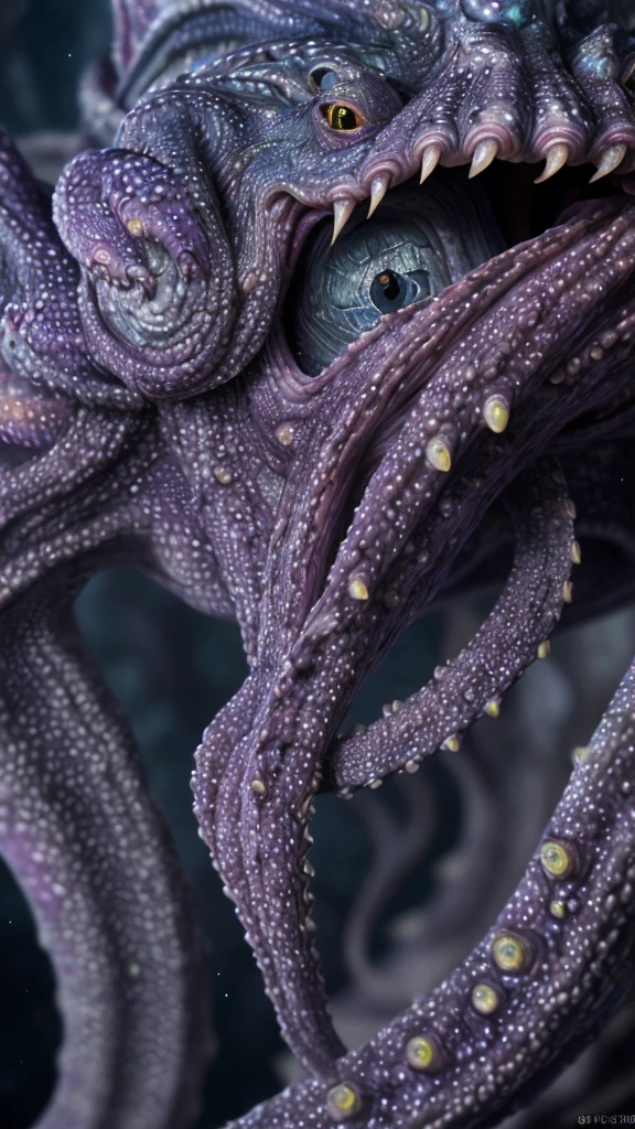 realistic highly detailed epic fantasy creature, 1 unidentified creature, detailed eyes and face, beautiful detailed scales, intricate detailed texture, vivid colors, dramatic lighting, cinematic, octopus-like tentacles, sharp fangs, glowing eyes, ethereal, mystical, (best quality,4k,8k,highres,masterpiece:1.2),ultra-detailed,(realistic,photorealistic,photo-realistic:1.37)