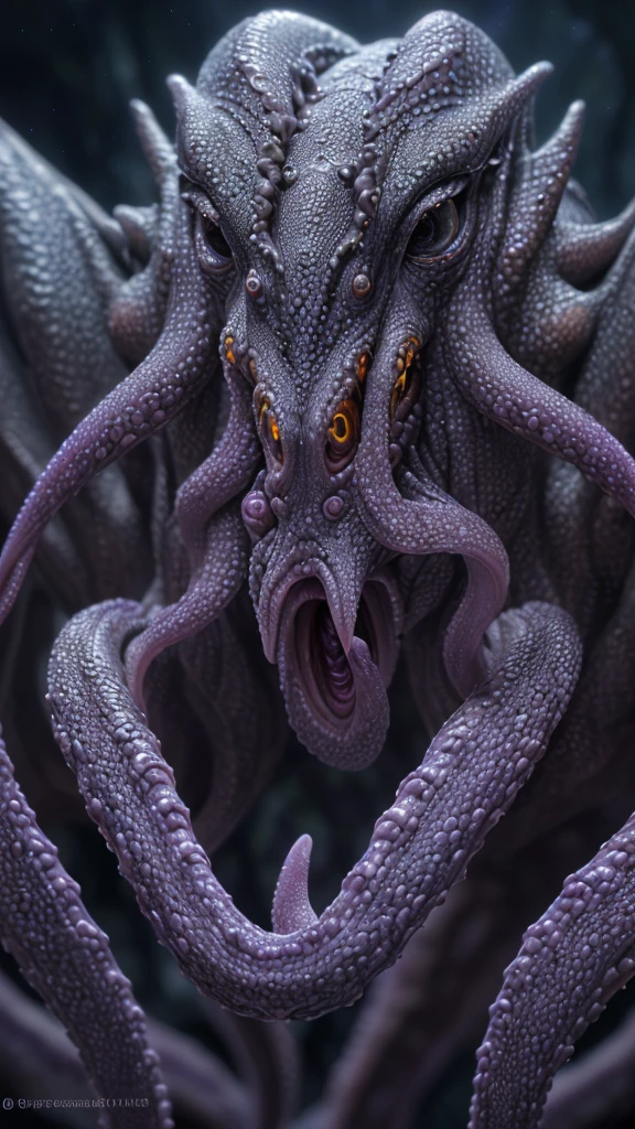 realistic highly detailed epic fantasy creature, 1 unidentified creature, detailed eyes and face, beautiful detailed scales, intricate detailed texture, vivid colors, dramatic lighting, cinematic, octopus-like tentacles, sharp fangs, glowing eyes, ethereal, mystical, (best quality,4k,8k,highres,masterpiece:1.2),ultra-detailed,(realistic,photorealistic,photo-realistic:1.37)