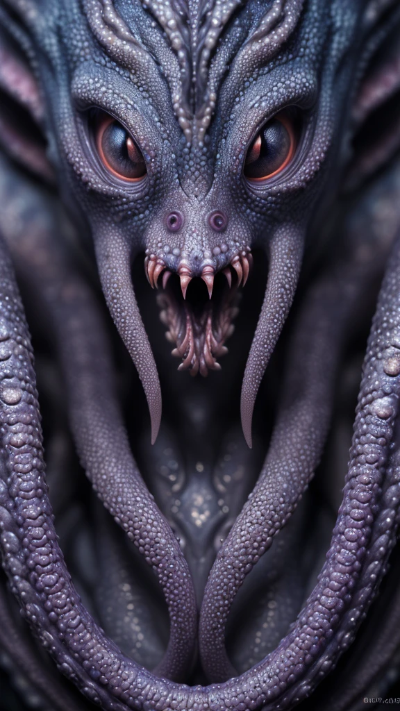 realistic highly detailed epic fantasy creature, 1 unidentified creature, detailed eyes and face, beautiful detailed scales, intricate detailed texture, vivid colors, dramatic lighting, cinematic, octopus-like tentacles, sharp fangs, glowing eyes, ethereal, mystical, (best quality,4k,8k,highres,masterpiece:1.2),ultra-detailed,(realistic,photorealistic,photo-realistic:1.37)