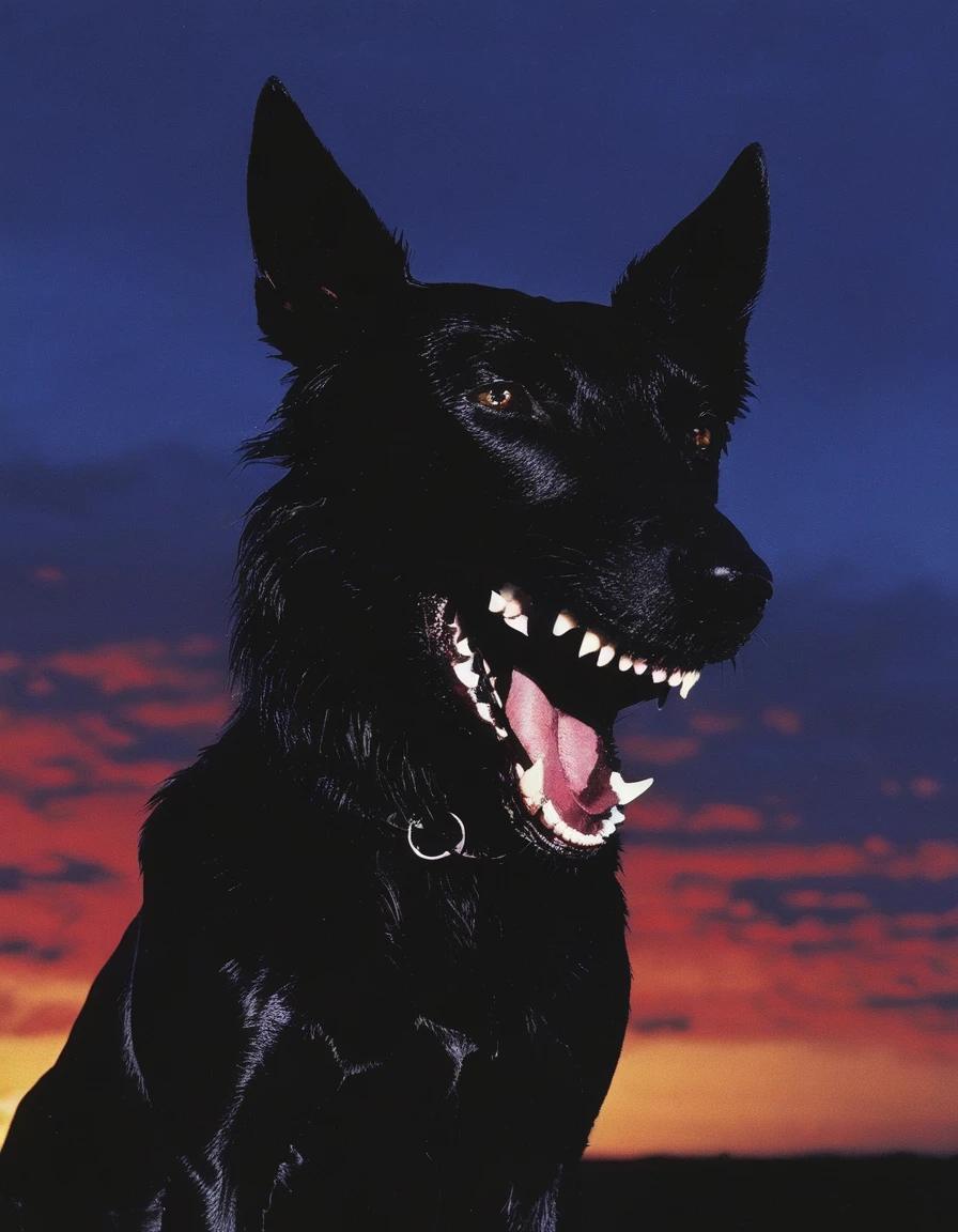 black dog with giant teeths all over head, sunrise background