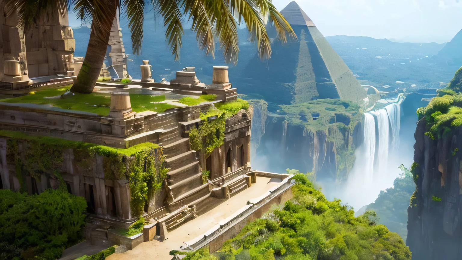 ((Highest quality)), ((masterpiece)), (detailed),Ancient pyramids、A decaying stone statue A waterfall cascading down a high cliff,Palm trees are thriving,Water plants are floating on the water surface,