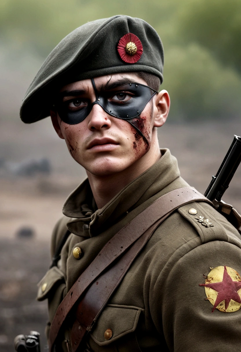 Wounded soldier, eye patch, on the battlefield