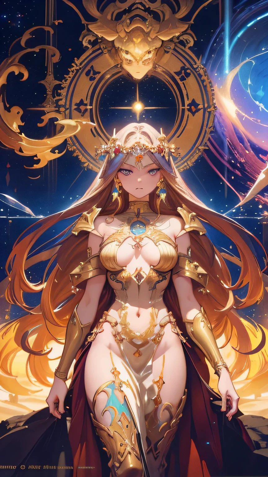 (The Goddess of Sand, beautifully decorated like in the movie, Golden Dress, Shiny gold tattoo), (Galactic Shaman with Quantum Energy Fantasy), Fantasy magic, Long Hair, Dark light night, complicated, Mysterious, Sharp focus, figure, Very detailed, Digital Painting, Concept art, mat, (art：WLOP), (Justin Gerard and Jason Edmiston: 1.5), (By Gregg Rutkowski: 0.4), (Alphonse Mucha: 0.4), masterpiece
