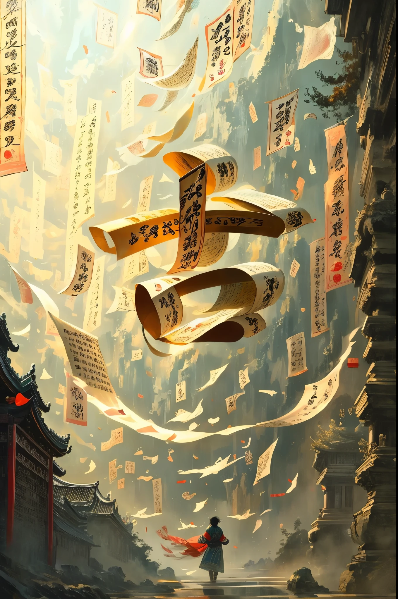 Chinese ancient books,pages,paper,chinese text,water,wind,masterpiece,masterpiece,long sleeves swaying in the wind,cinematic light,detailed environment,xuer calligraphy,luminous traces,(clean background:1.3),gold,low contrast,poster illustrations,
best quality,ultra-detailed,best quality,ultra-detailed,high-key