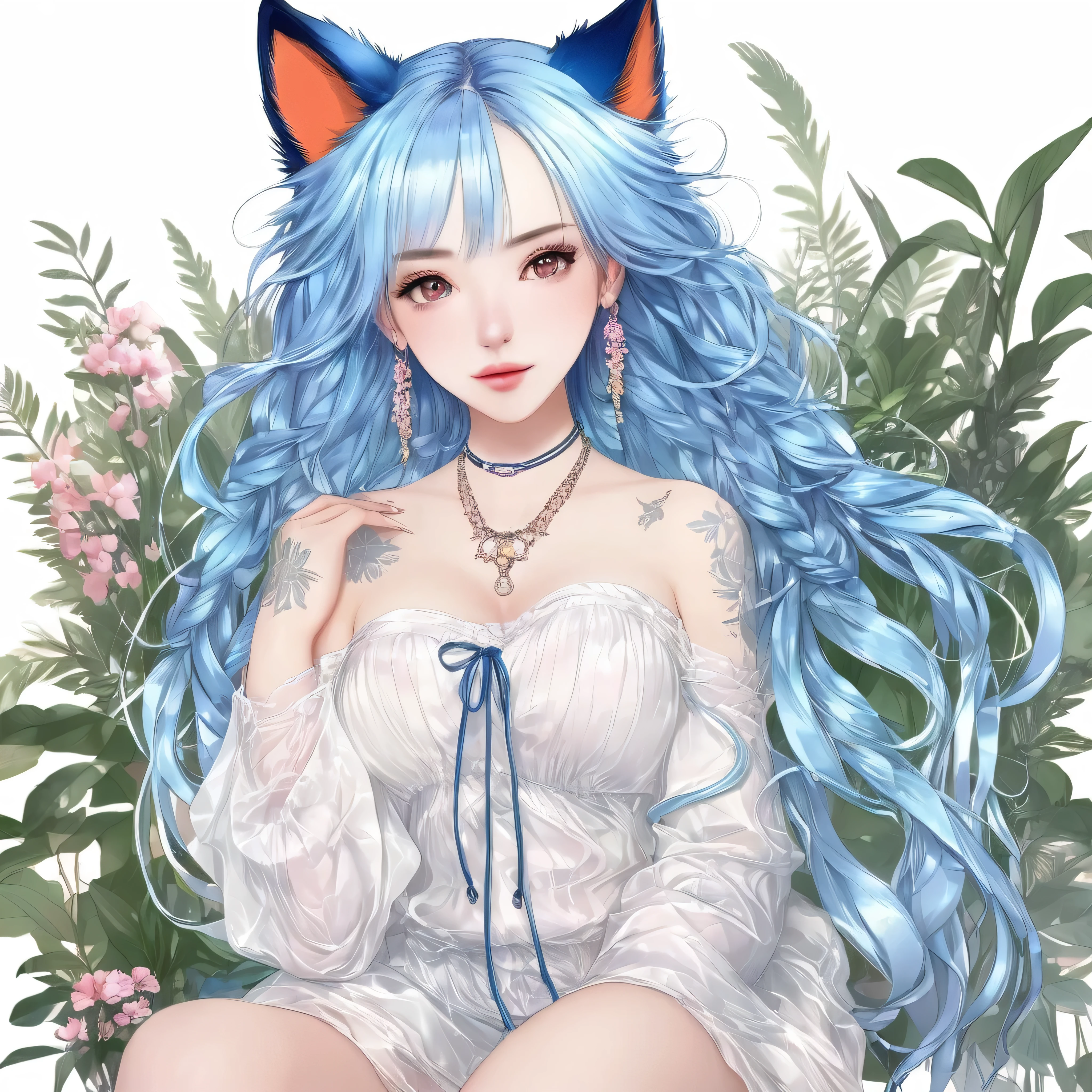 Masterpiece, , full body image, Best Quality, High Resolution, (White Background: 1.4), [Glitter], [Looking at the Viewer, Portrait, 1 Sweet Girl], (Long Hair, Blue Hair, Wavy Curls, Multicolored Twisted Big Braid: 1.3, Furry Fox Ears, Air Bangs), White Off-the-Shoulder transparent Short Sleeves, errect nipples, Delicate Facial Features, Pink Lips, Earrings, Necklace