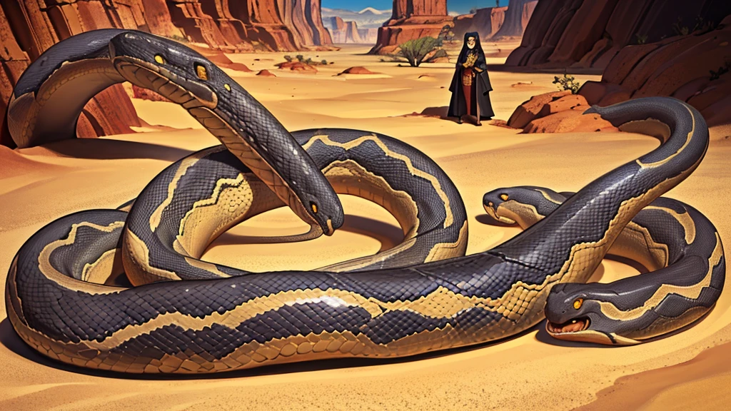 Snake opens mouth, snake fangs,  people, (A big snake is behind.:1.5) , Cave in the middle of the desert