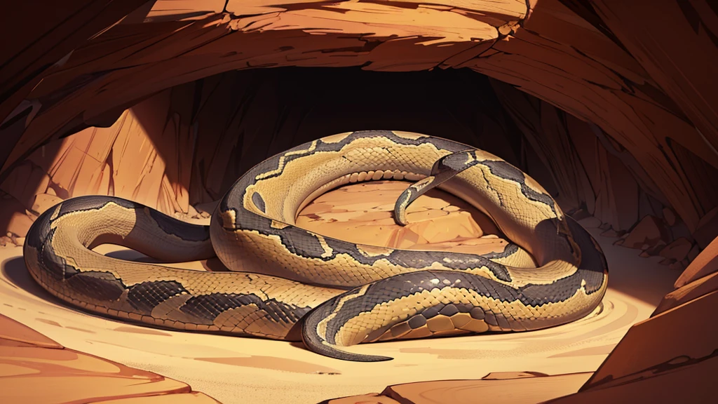 Snake opens mouth, snake fangs, people, (A big snake is behind.:1.5) , Cave in the middle of the desert