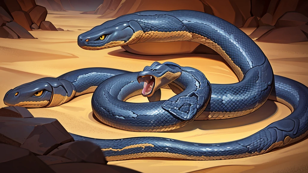 Snake opens mouth, snake fangs, people, (A big snake is behind.:1.5) , Cave in the middle of the desert