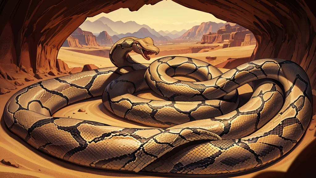 Snake opens mouth, snake fangs,  people, (A big snake is behind.:1.5) , Cave in the middle of the desert