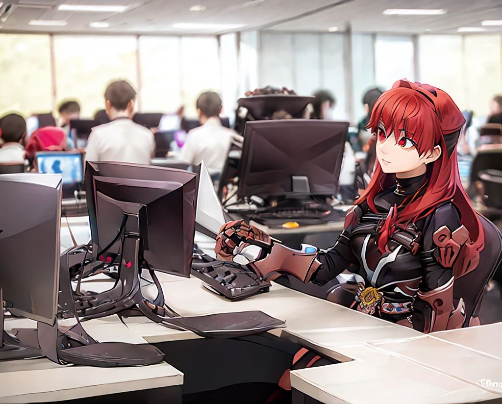 score_9, score_8_up, score_7_up, score_6_up, score_5_up, score_4_up, source_anime, tomboy girl, long hair, Bust Cup B , open-chest outfit, Guillotine Cross Set, breastplate, waist armor, Armor, red hair, Metal head jewelry, red eyes, Sparkling eyes, sit, Mobile gaming mouse, office backdrop, office desk, office chair, Sharp picture, Magical light, Bright atmosphere, beautiful backdrop, simple