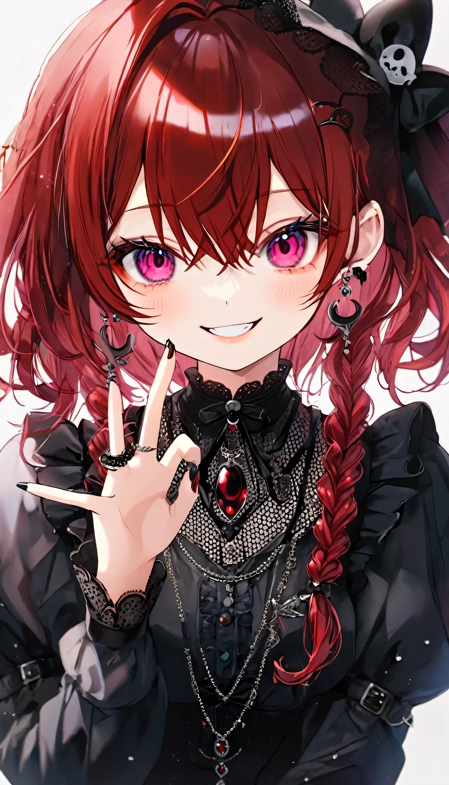 A very cute goth anime girl with redhead hair and bangs, wearing rings on her fingers, pale skin, sharp eyes, dark makeup, she has long acrylic nails that have been bordeaux painted, intricate rings on fingers, wearing a burgundy and black outfit, She exudes sophistication and cool. in the style of hyper realistic. fasion style, mysterious smile