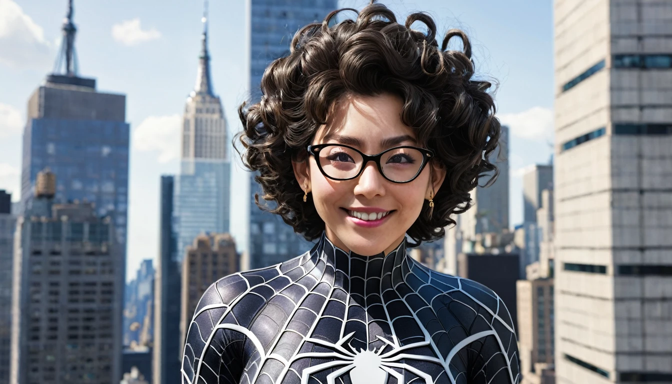 Spider Suit, spiderweb print, spiderweb, Spiderman, masterpiece, Absurd, Fine details, High resolution, ((Highly detailed face and eyes)), Realistic,, Focus on the eyes,, Stand on the roof of a skyscraper, ((No mask)), Looking at the audience, smile, Black Hair, Shonen Focus, Big Hair, Curly Hair, Round Glasses, Earrings, , New York Buildings Background,