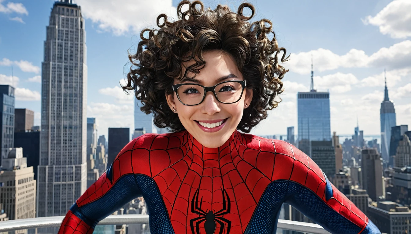 Spider Suit, spiderweb print, spiderweb, Spiderman, masterpiece, Absurd, Fine details, High resolution, ((Highly detailed face and eyes)), Realistic,, Focus on the eyes,, Stand on the roof of a skyscraper, ((No mask)), Looking at the audience, smile, Black Hair, Shonen Focus, Big Hair, Curly Hair, Round Glasses, Earrings, , New York Buildings Background,