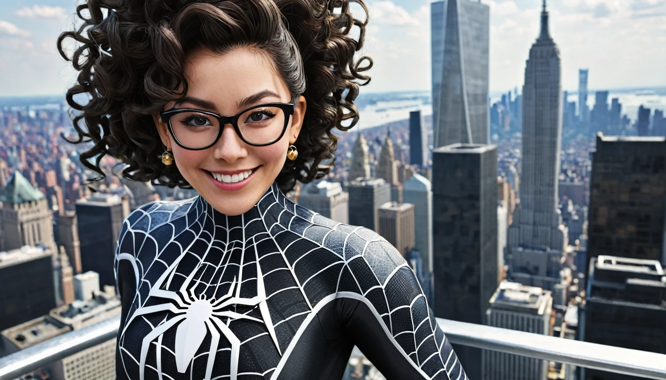 Spider Suit, spiderweb print, spiderweb, Spiderman, masterpiece, Absurd, Fine details, High resolution, ((Highly detailed face and eyes)), Realistic,, Focus on the eyes,, Stand on the roof of a skyscraper, ((No mask)), Looking at the audience, smile, Black Hair, Shonen Focus, Big Hair, Curly Hair, Round Glasses, Earrings, , New York Buildings Background,