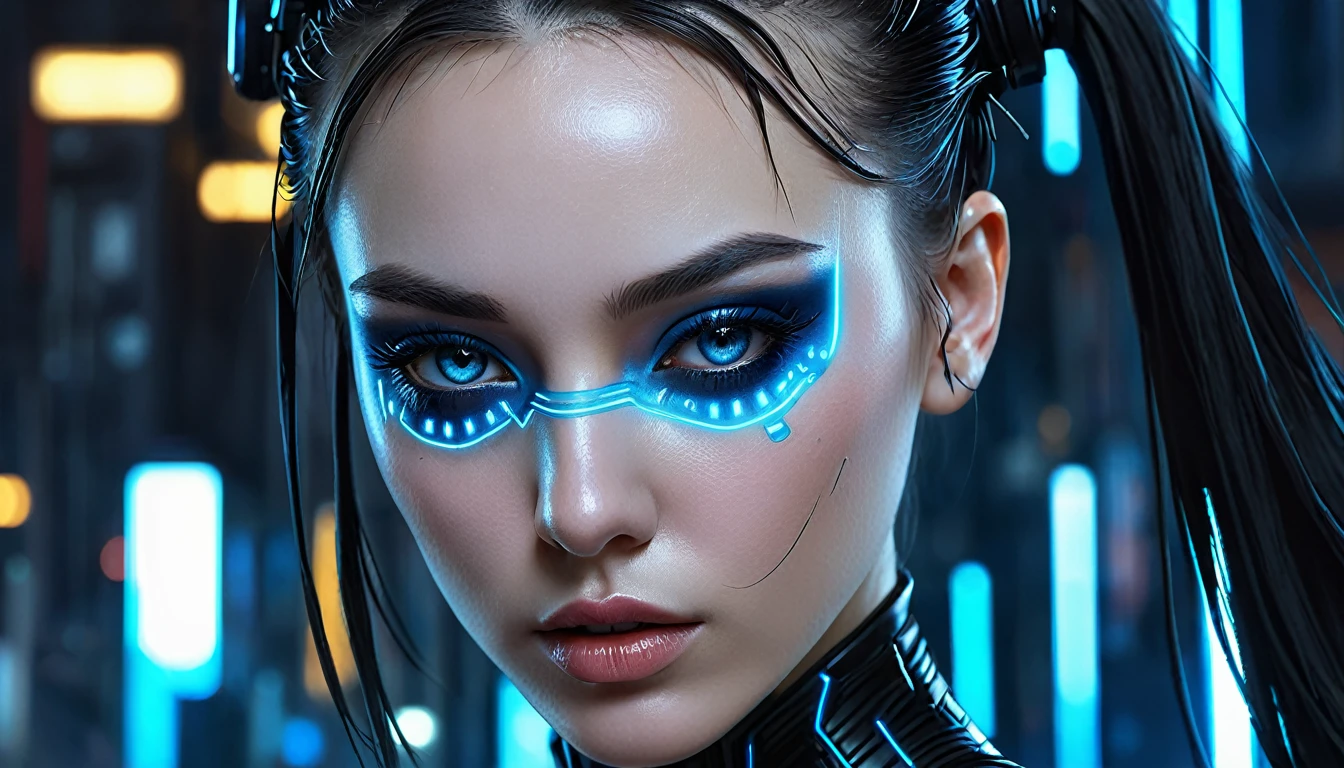Close-up of woman in black and blue dress, Highly detailed digital art in 4K, 4K Detailed Digital Art, リアルなDigital Art 4K, リアルなDigital Art 4K, Amazing digital illustrations, Beautiful SF girl portrait, SF Woman Portrait, Digital Art 4K, Portrait of a cyberpunk girl, Beautiful cyberpunk girl face, Epic portrait illustration  