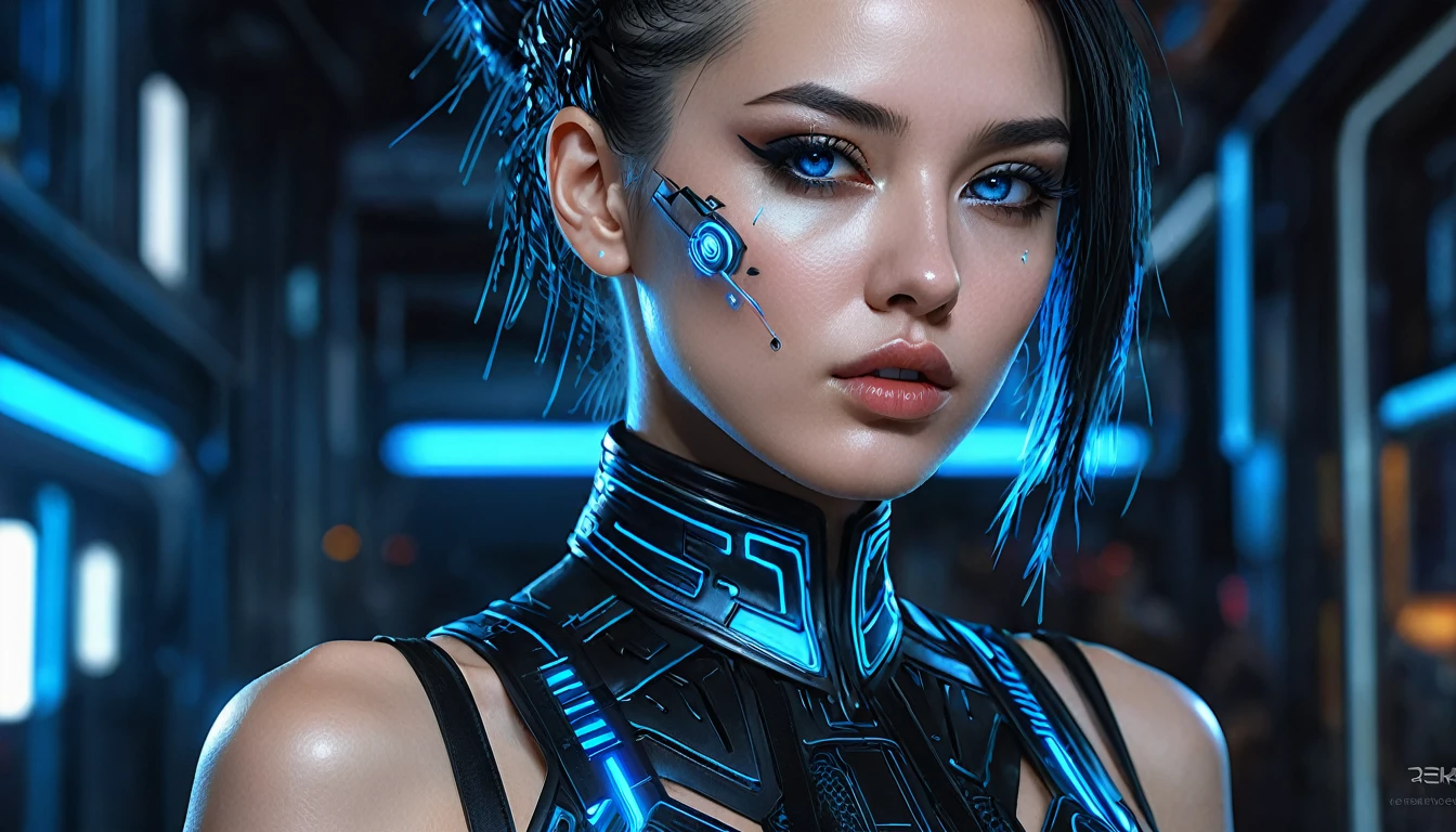 Close-up of woman in black and blue dress, Highly detailed digital art in 4K, 4K Detailed Digital Art, リアルなDigital Art 4K, リアルなDigital Art 4K, Amazing digital illustrations, Beautiful SF girl portrait, SF Woman Portrait, Digital Art 4K, Portrait of a cyberpunk girl, Beautiful cyberpunk girl face, Epic portrait illustration