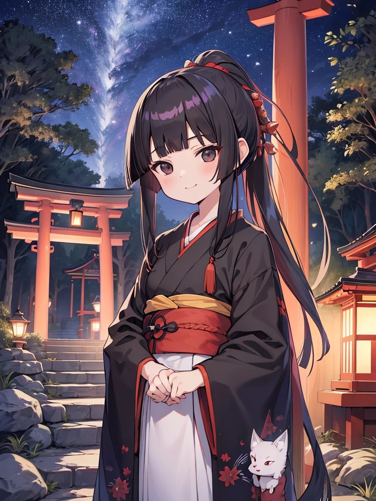 masutepiece, ultra-detailliert, best quality, at night, little smile, a lot of fireflies, Shrine maiden, shrine, Deep forest, Stone torii gate, Black Hair, long hair, (Blunt Bangs:1.6), Hair tied in a ponytail, black eyes, Juozhen, White Fox,