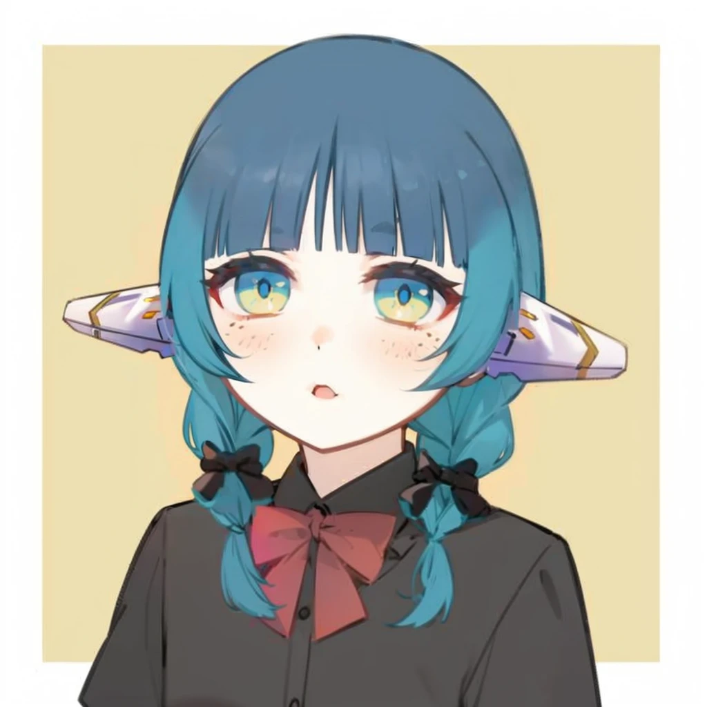 cyborg anime girl, robot ears, blue and yellow eyes, freckles