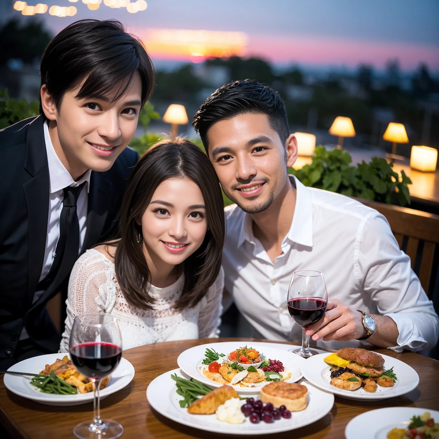 ((Highest quality、8k、masterpiece:1.3))、 (Genuineistic, Genuine、Bright image、Intricate details:1.2), 最高のsmile、1 male, 1 female、Beautiful couple、lover、Relatives and friends、A good friend、actress couple、smile、A full-course dinner with a full table、 (Slim face), (the body is slim), (Brown Hair), (short hair), テーブルのwine glass、Please shine a light on my face、 Amazing view of the sunset sky and clouds、 (33 years old)38 years old, red wine 、Appetizers、Wine bottle、sparkling wine、Long sleeve shirt、dress、White wine, red wine, wine glass,