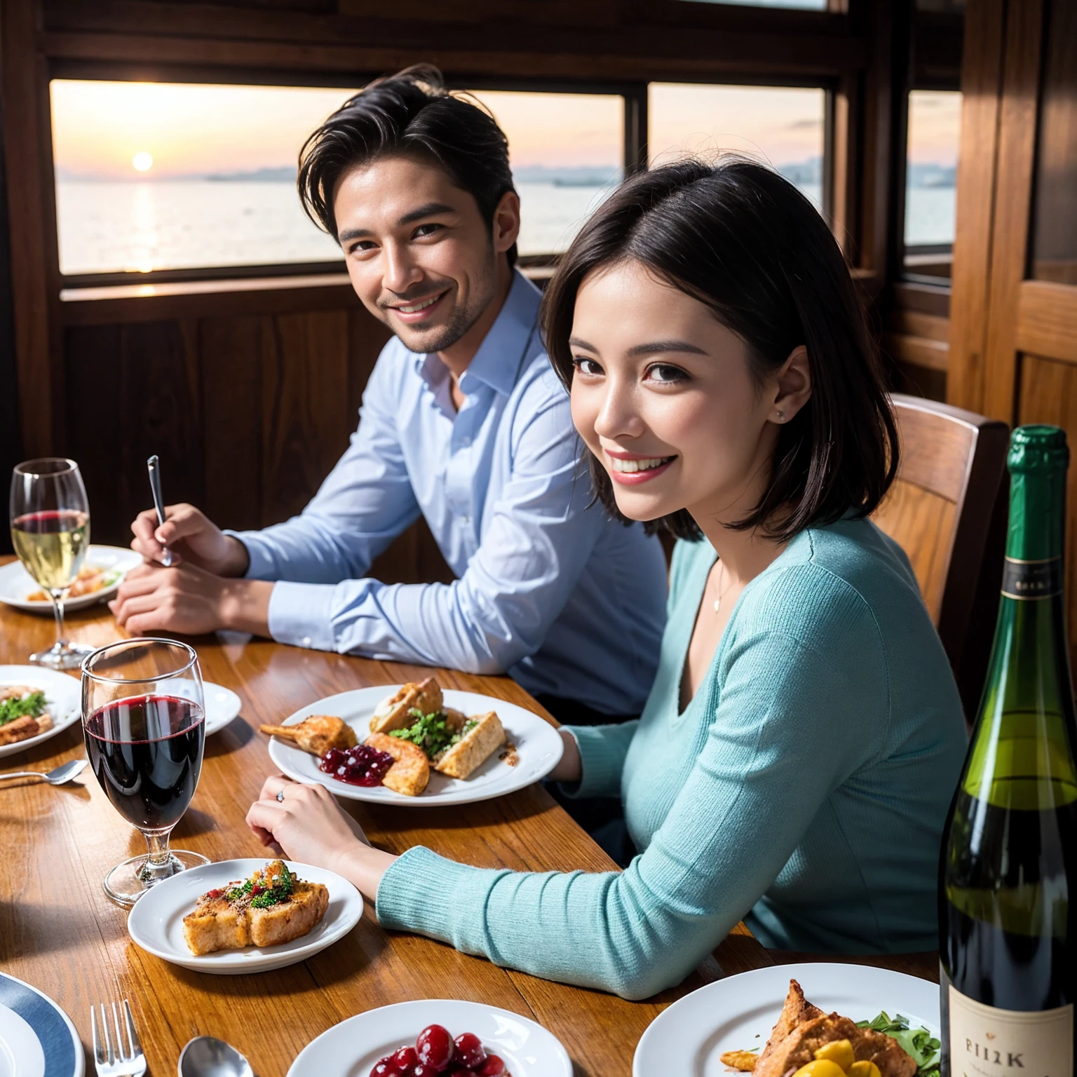 ((Highest quality、8k、masterpiece:1.3))、 (Genuineistic, Genuine、Bright image、Intricate details:1.2), 最高のsmile、1 male, 1 female、Beautiful couple、lover、Relatives and friends、A good friend、actress couple、smile、A full-course dinner with a full table、 (Slim face), (the body is slim), (Brown Hair), (short hair), テーブルのwine glass、Please shine a light on my face、 Amazing view of the sunset sky and clouds、 (33 years old)38 years old, red wine 、Appetizers、Wine bottle、sparkling wine、Long sleeve shirt、dress、White wine, red wine, wine glass,