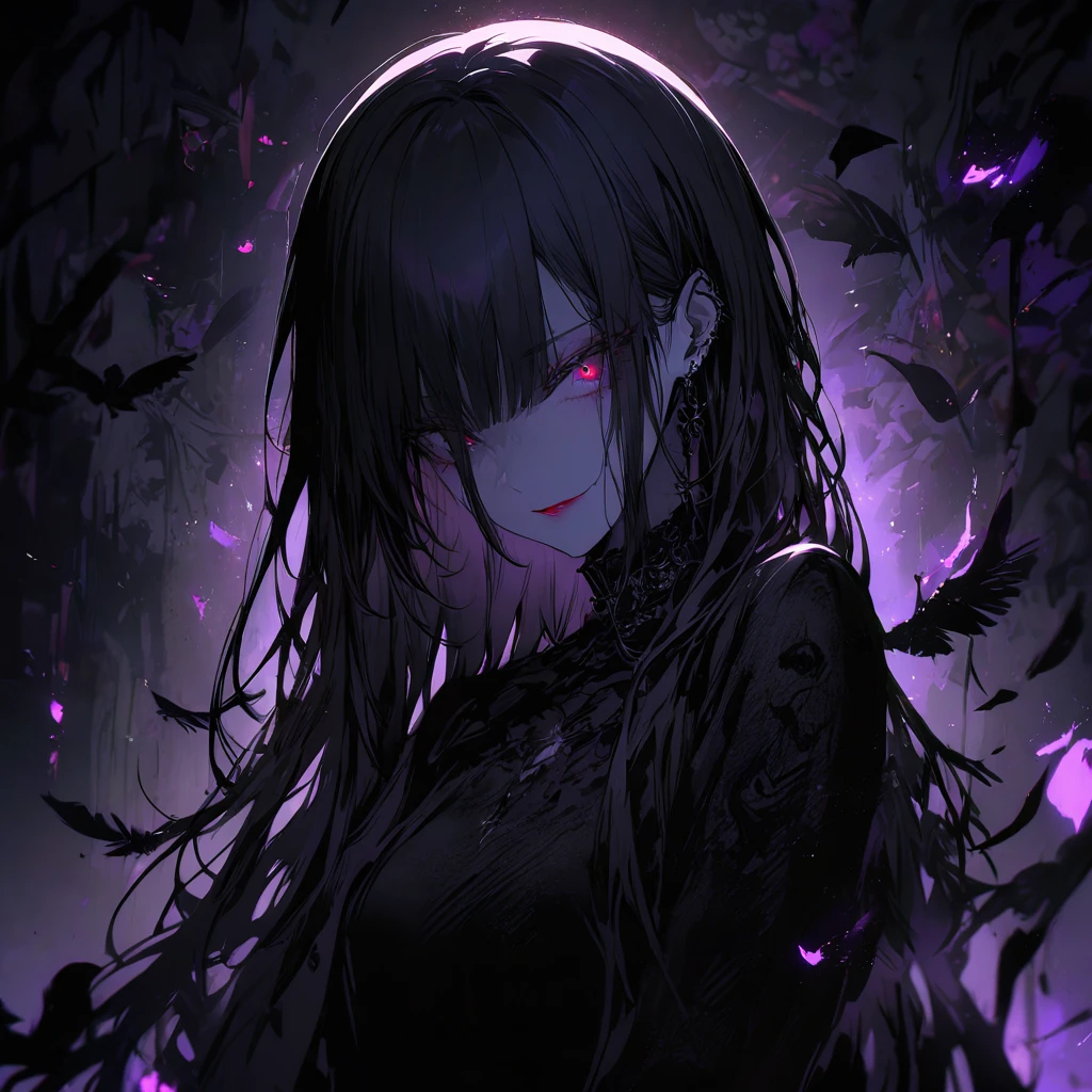 （dark atmosphere，gothic fashion，bright colors），（best quality，Super exquisite，），Sexy goth Vampire girl，In the rose garden at night，Beautiful and delicate eyes，Straight black ponytail with blue tips，Crow feathers，red lipstick，mysterious smile，Pale complexion，black  dress，The moonlight illuminates her elegant silhouette，Soft shadows and soft highlights，Contrasting colors create a vibrant atmosphere，dark and moody color palette，Subtle yet dramatic lighting effects，Sublime darkness intertwined with exquisite moonlight, She's tall and mature, red tone, beautiful pretty face, long hair