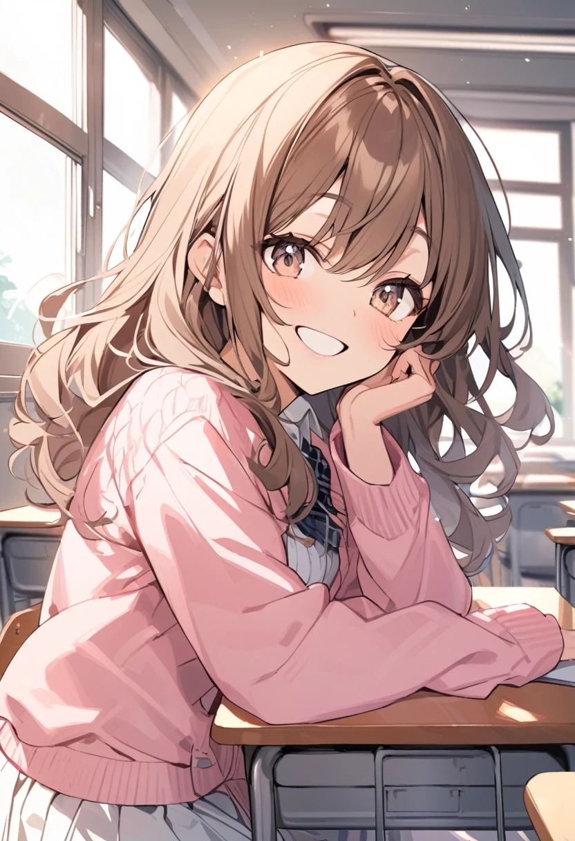 A beautiful young student girl smiling, wide grin, long brown curls, light brown eyes, white skirt, pink cardigan, in a classroom