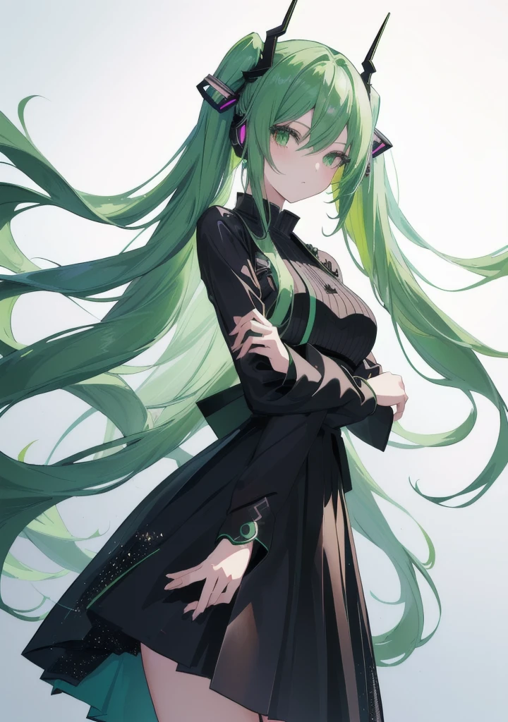 With long green hair and horns,Anime girl in black dress, Attractive anime girl, top rated on Pixif, at Pixif, Cute anime girl in a beautiful skirt, Micudayo, Hatsune Miku, , Pixif, Pixif 3dcg, best anime 4k konachan wallpaper, One Punch Man Tatsumaki