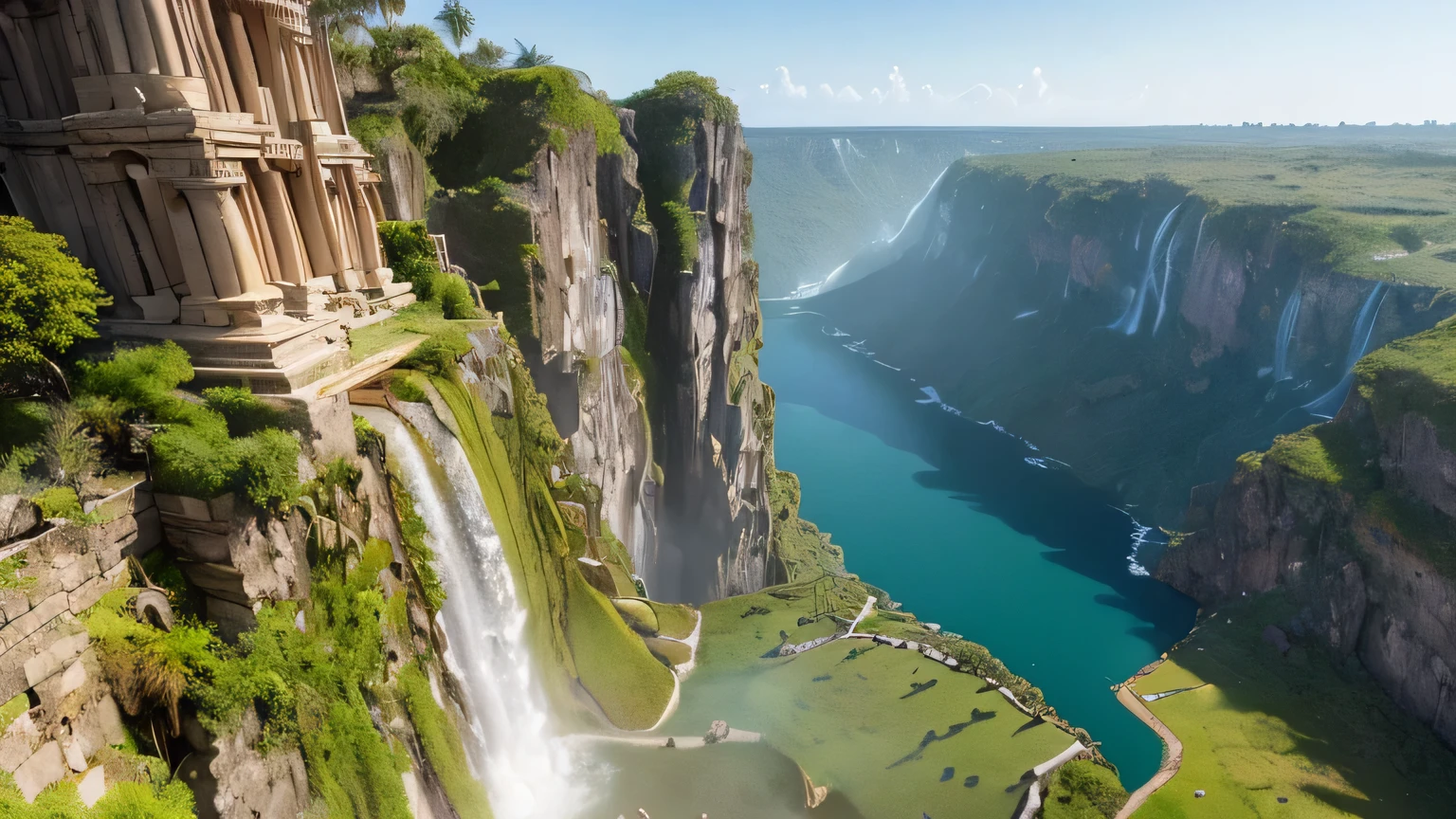 ((Highest quality)), ((masterpiece)), (detailed),Ancient pyramids、A decaying stone statue A waterfall cascading down a high cliff,Palm trees are thriving,Water plants are floating on the water surface,
