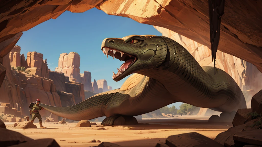 Snake opens mouth, snake fangs, Cave in the middle of the desert, injured soldier