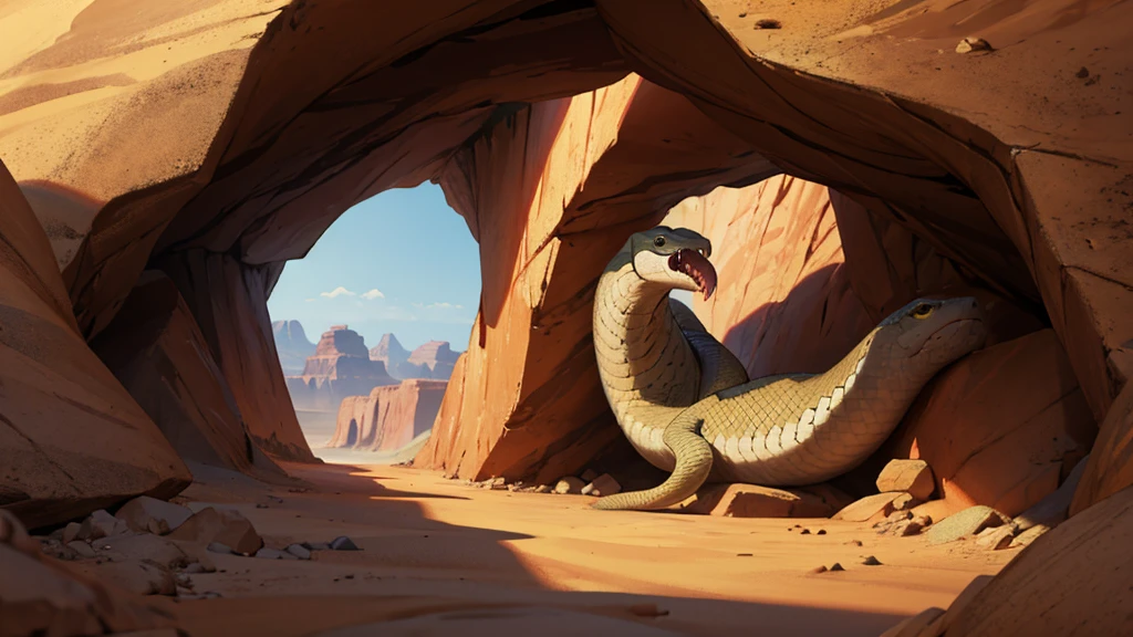 Snake opens mouth, snake fangs, Cave in the middle of the desert, injured soldier