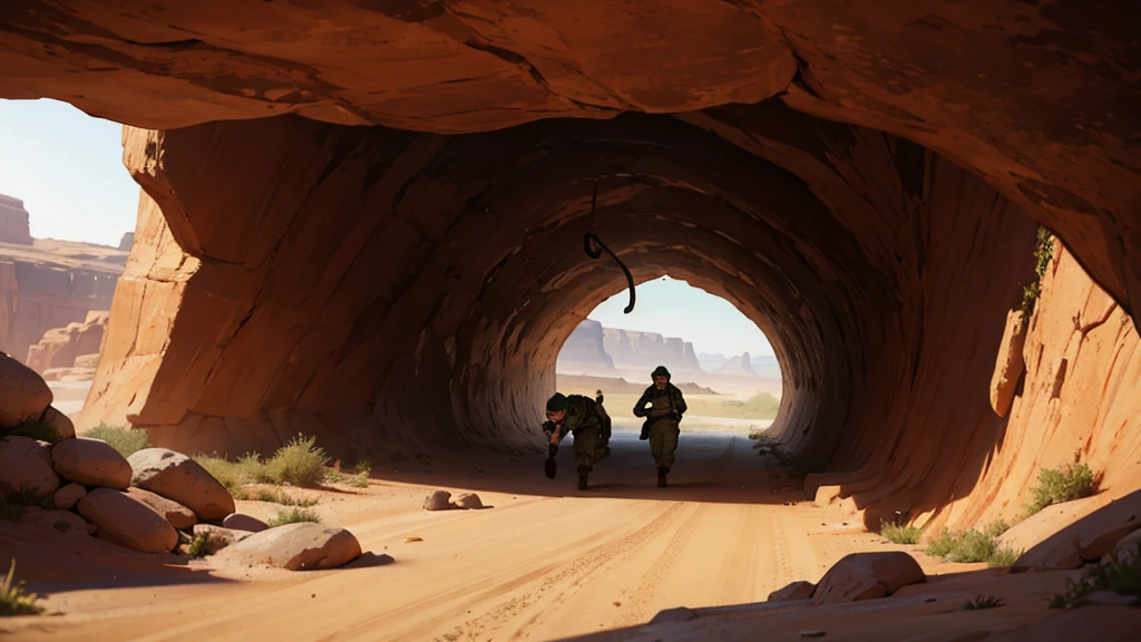 Snake opens mouth, snake fangs, Cave in the middle of the desert, injured soldier