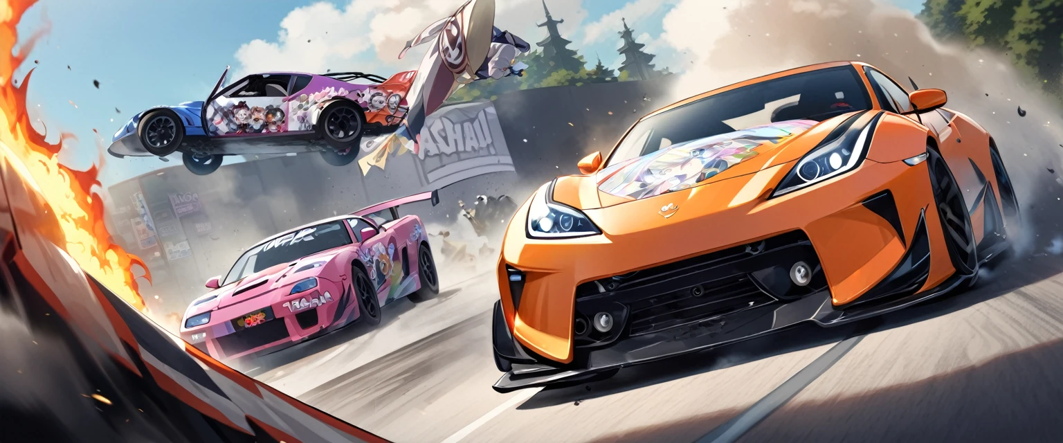 Two sports cars、race、Dead Heat、((The hood has a Japanese anime girl printed on it.))、((Car wrapping))、Itasha、drift、battle、Dead Heat、Winding Road、Speed, from below