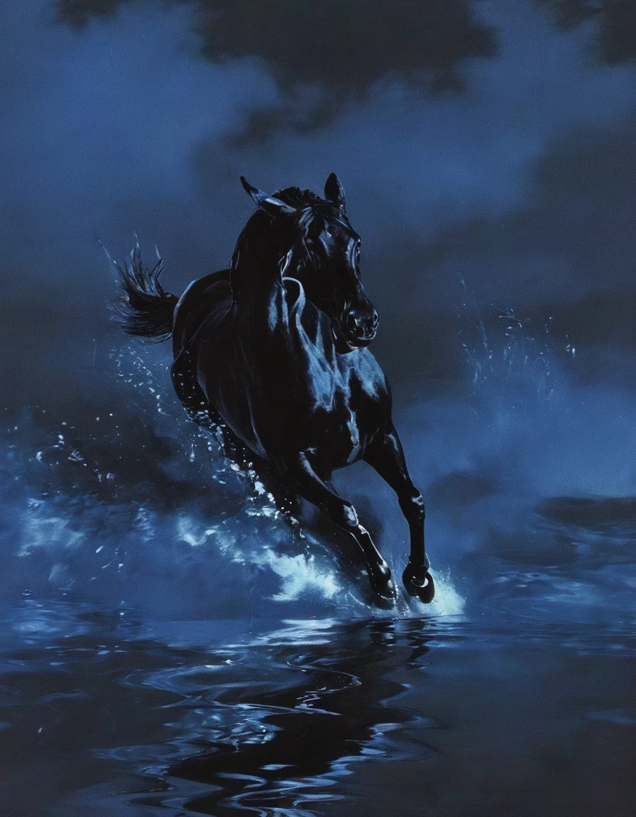  black horse in sea at night, blue background
