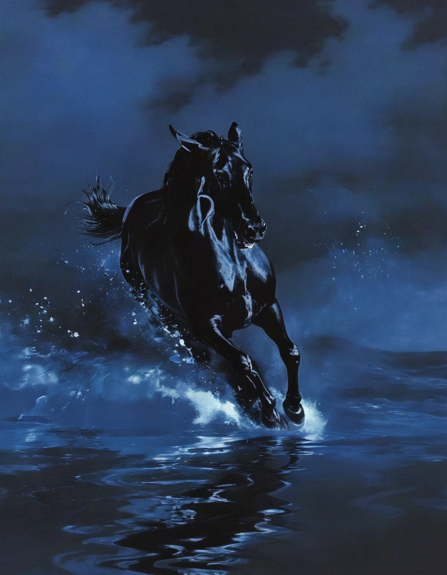  black horse in sea at night, blue background