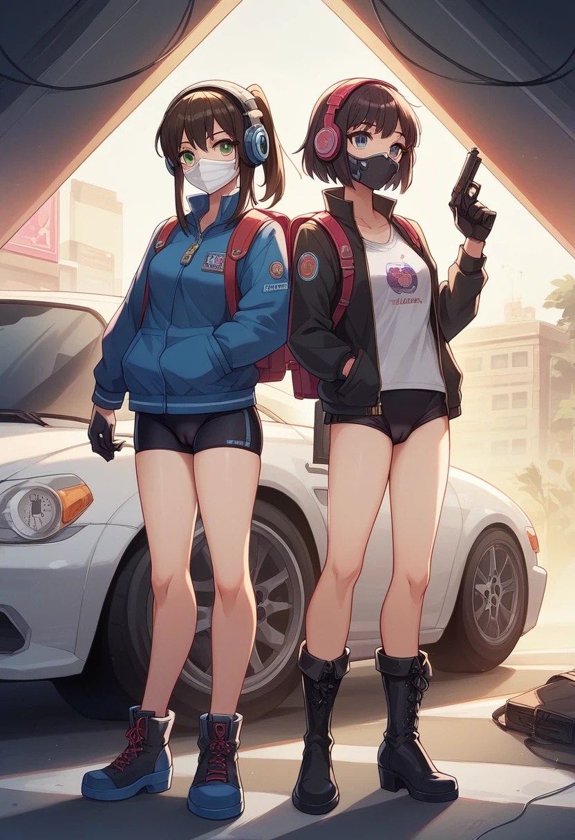 ((high quality)), ((masterpiece)), 8k, Two Girls, car, light, Highly detailed CG Unity 8k wallpaper, CG games, View your viewers, gloves, boots, whole body, clock , computer, mask, Drone, Possession of a gun, Headphones, Jacket, bag, Backpack, Camel Toe, neon,NSFW,beast