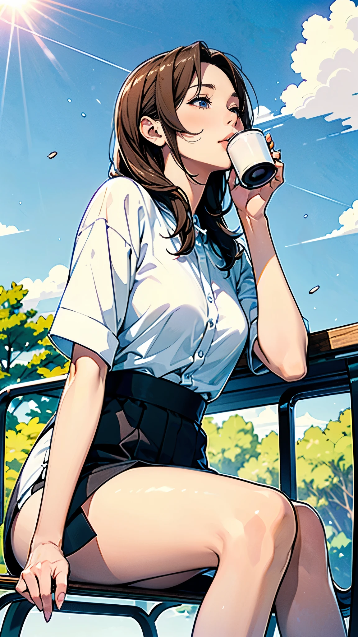 (Woman sitting on a park bench looking up at the sky),(Have a coffee),(Cozy and comfortable seating),(Spring sunshine),(Clear skies),(noon),(Ultra-detailed anime-style scenery wallpaper),A woman is drinking coffee alone
