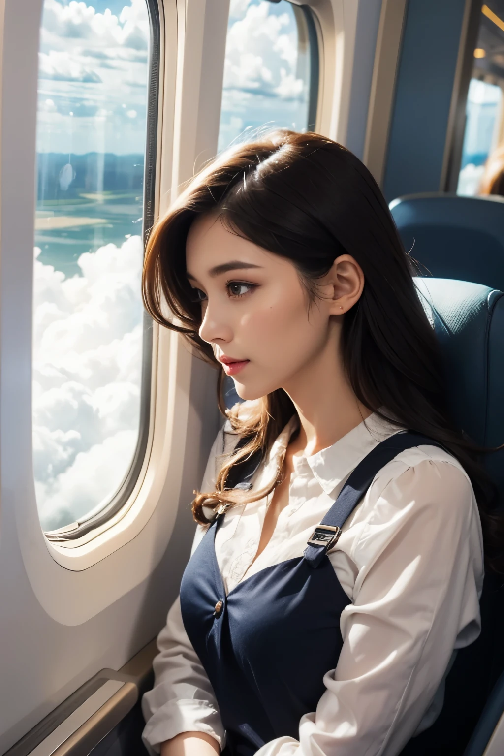 Beautiful woman looking out the window on an airplane, Fashionable outfits, Clouds outside the window,