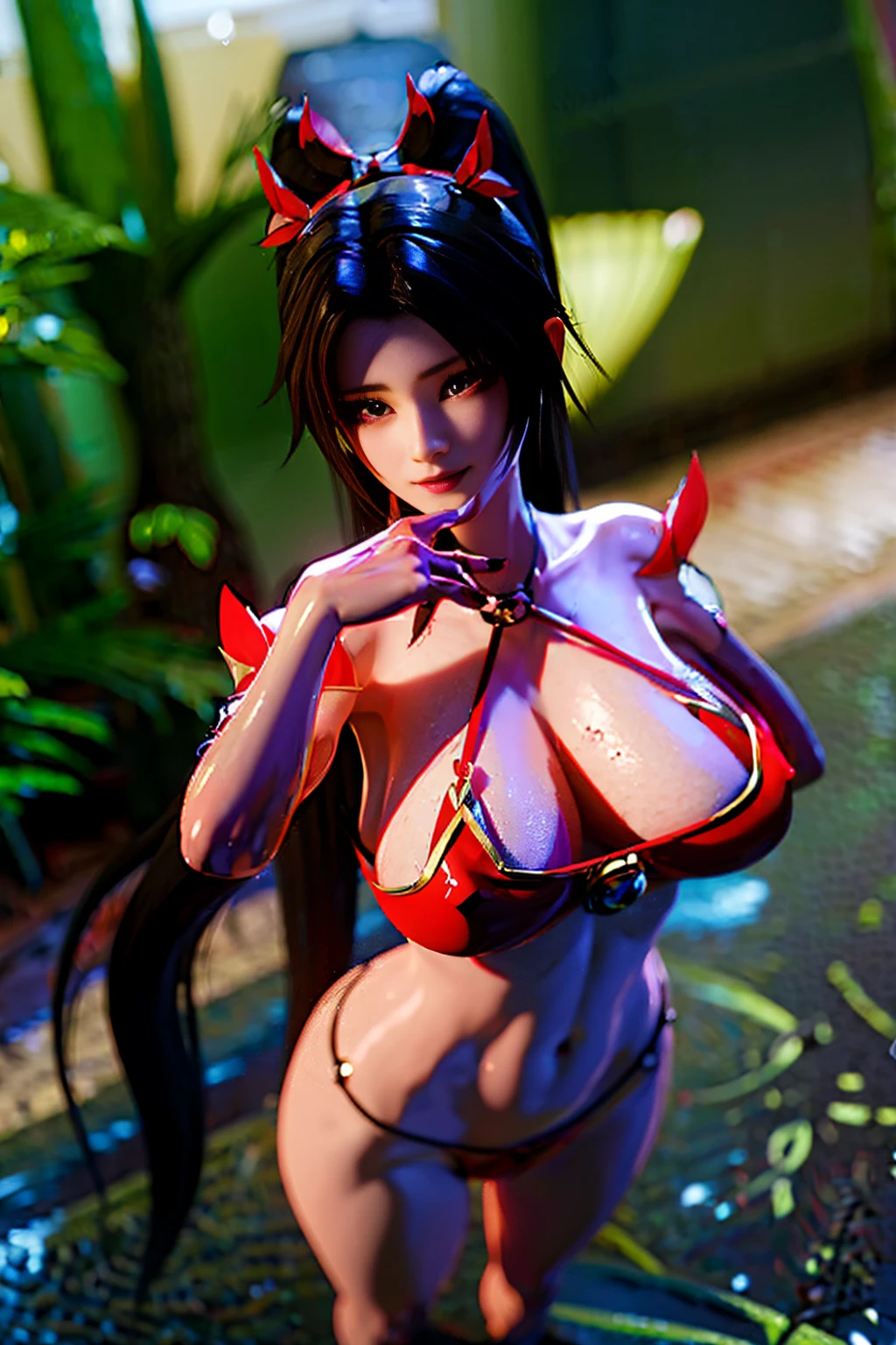 ((masterpiece,best quality)), high resolution, Extremely detailed 8k wallpaper, Solitary, 1 busty girl,Large Breasts , (Tiny Micro Bikini:1.2),Big breasts,Big breasts很迷人,enchanting,one person,Delicate face,front,Double tail,young,Gloves
