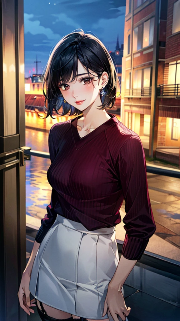 (masterpiece:1.3, Highest quality, Ultra-high resolution, Super detailed), (Realistic, photoRealistic:1.4), Beautiful illustrations, Perfect lighting, colorful, Depth of written boundary, Beautiful detailed hair, Beautifully detailed face, Beautiful fine details, Beautiful clavicle, Beautiful body, 美しいLarge Breasts, Beautiful thighs, Beautiful feet, Beautiful fingers, View Viewer、Front view:0.6, Beauty1人, Japanese, Beauty、30 years old, Perfect Face, (Perfect Anatomy, Anatomically correct), Cute and symmetrical face, Baby Face, , Shiny skin, ((Bordeaux sweater:1.4)), ((Garter skirt 1.5))、 (Black Hair, Wave、Short Hair:1.4), Dark brown eyes, Large Breasts, Slim body, necklace, (Small earrings:1.3), (Beautiful views), (night), (city, cityscape in the distance), Are standing, A soft smile、(Smile, Lips parted),