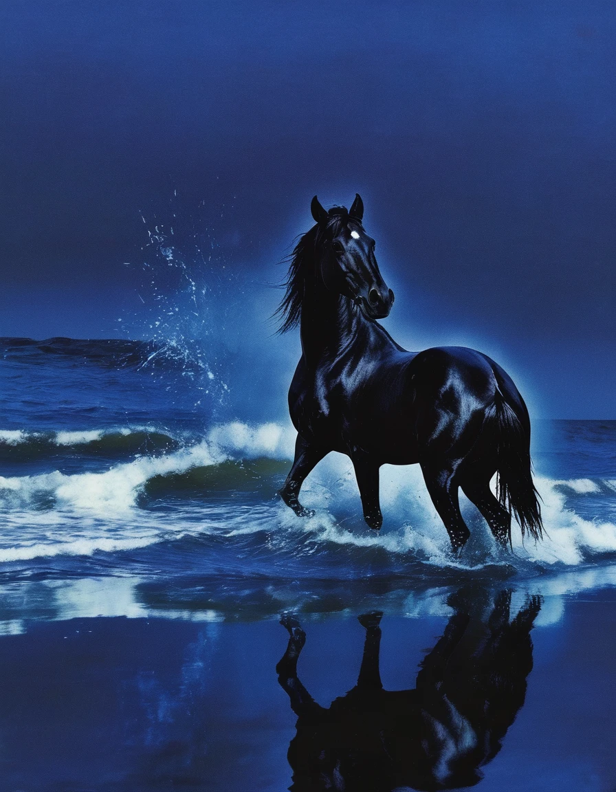 black horse in sea at night, blue background
