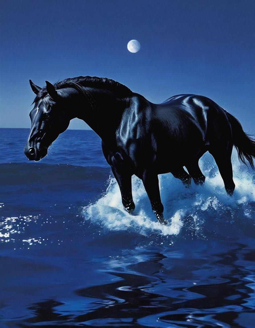 black horse in sea at night, blue background