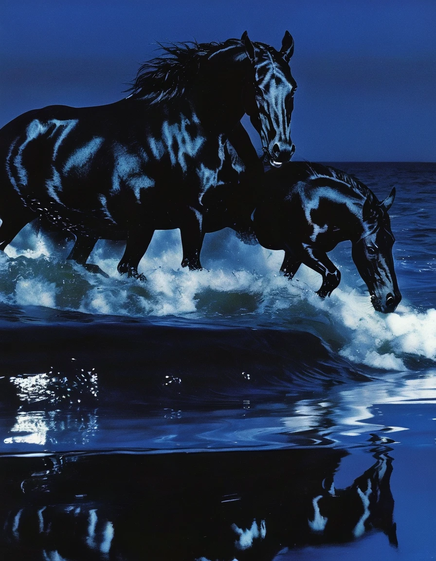 black horse in sea at night, blue background