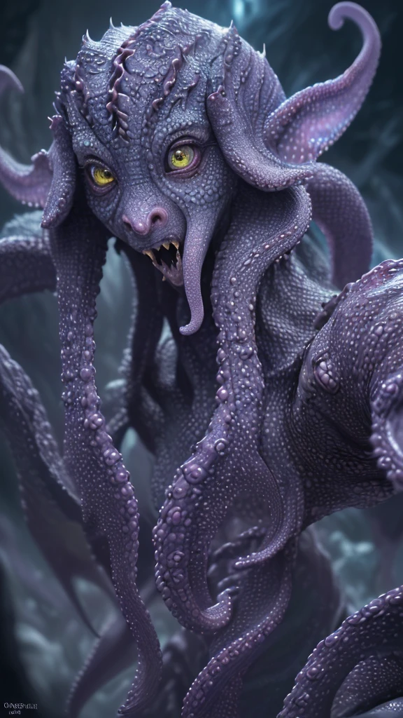 realistic highly detailed epic fantasy creature, 1 unidentified creature, detailed eyes and face, beautiful detailed scales, intricate detailed texture, vivid colors, dramatic lighting, cinematic, octopus-like tentacles, sharp fangs, glowing eyes, ethereal, mystical, (best quality,4k,8k,highres,masterpiece:1.2),ultra-detailed,(realistic,photorealistic,photo-realistic:1.37)