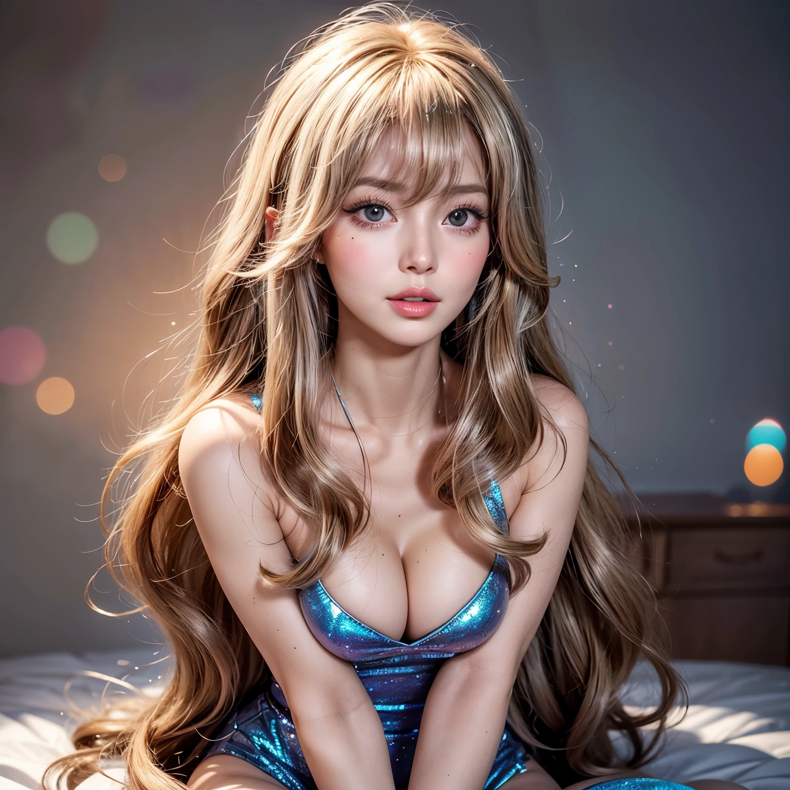 NSFW, 8k, High-level, absurd, masterpiece, best quality, primitive, very detailed CG, very detailed wallpaper, perfect lighting, Extremely detailed ((( personifying " Farrah Fawcett Majors " as a ))), MysticSight, Tyndall effect, Tyndall scattering, (Studio gray background with (Overflowing oodles Dazzling RainbowColorParticles (BokeH))), (RoundlyButts, ThighGap), (Exposed:0.4), (Assfocus with looking ahead) BREAK (Acutance:0.88), (NOGIZAKA face variations) Extremely Detailed very KAWAII face variations, perfect anatomy, Childish, CaptivatingGaze ElaboratePupils detailed Eyes with (sparkling highlights:1.28), (Voluminous LongEyelashes、GlossyRED Lips with beautiful details, RosyCheeks, Radiant PearlSkin with Transparency . { (Dynamic LifeLike expressions:1.4) | :d) }, (large eyes:-1) .