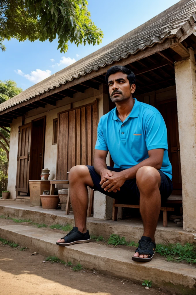Show a scene of a small village in which Raju is sitting outside his house. Raju has a thinking expression on his face, looking towards the sky.