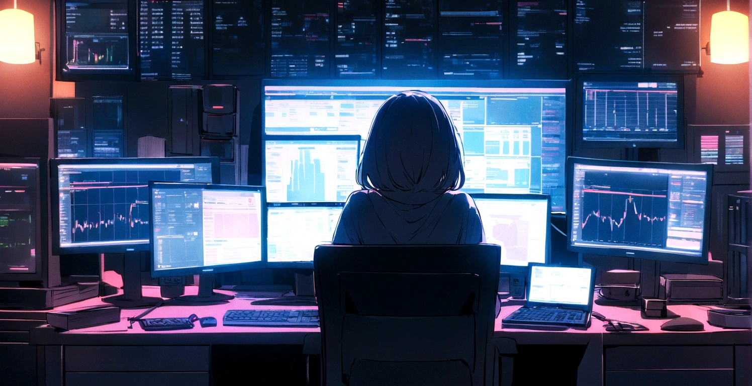 A desk with two computer monitors, sitting in front of a computer, sitting in front of a computer, Looking at the monitor, Displaying stock charts, sitting at a computer desk, In front of the computer, transaction, transaction stocks,