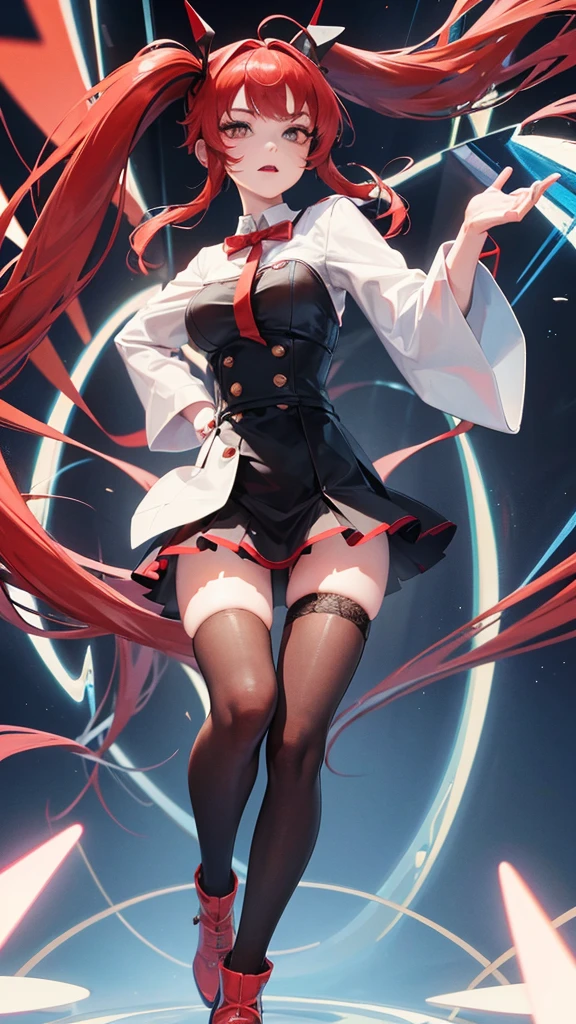 girl in a short skirt in knee-length stockings, red and blue hair,Twin Tail, full height, 3D wallpaper.