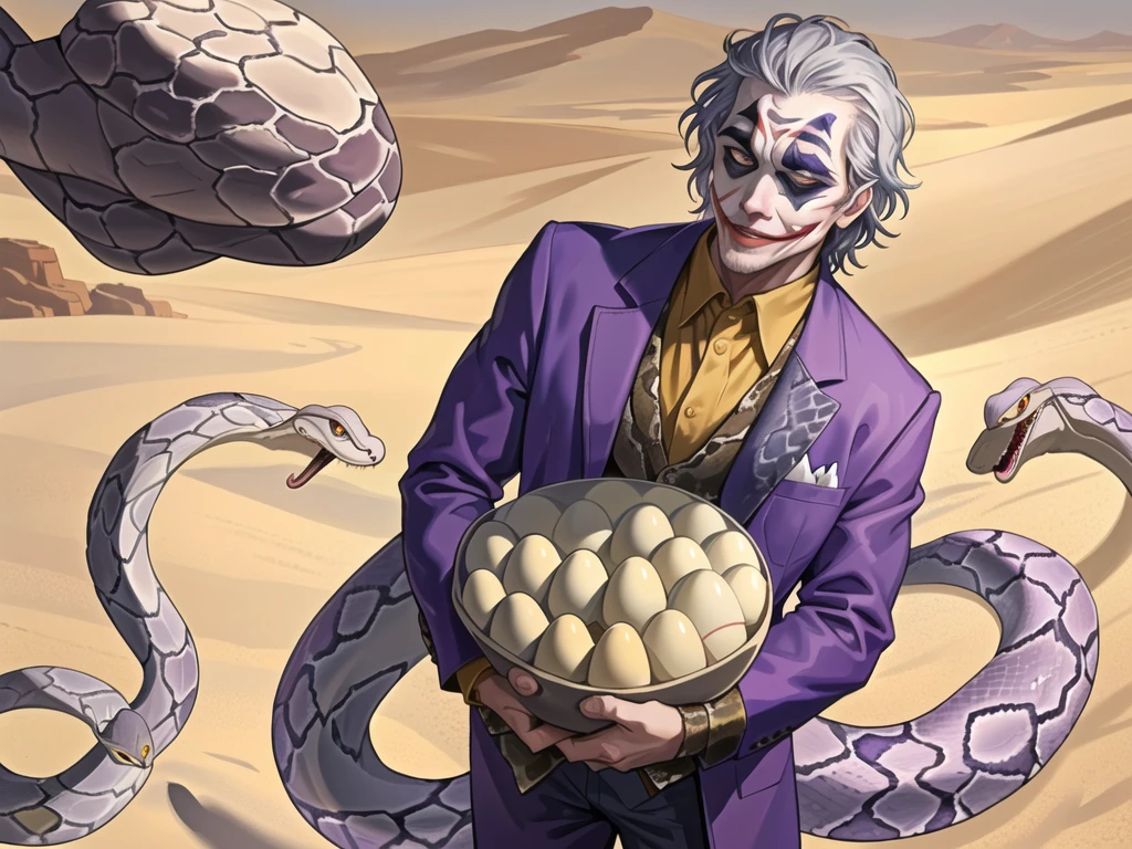 Portrait of a man in his 40s、standing、silver hair、(the joker:1.2)、purple dress , smile , Long body、 、desert background、(holding eggs:1.1) , (pick-up), (A big snake is behind.:1.5)
