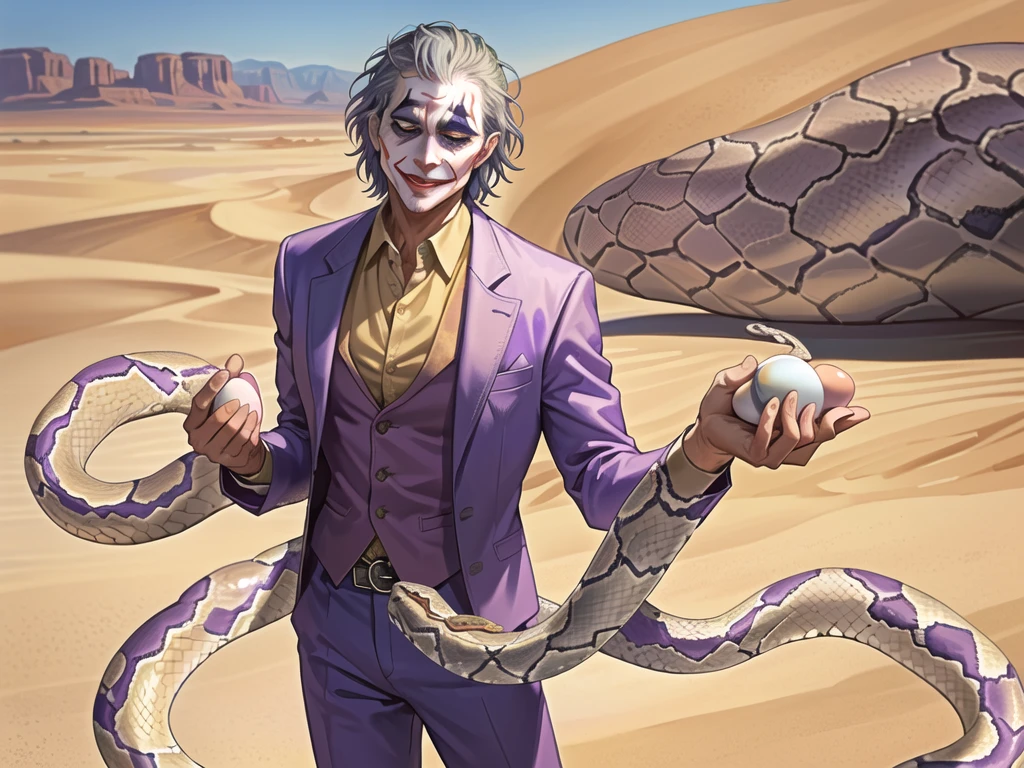 Portrait of a man in his 40s、standing、silver hair、(the joker:1.2), Long body、 、desert background、(holding eggs:1.1) , (pick-up),yellow snake, (A big snake is behind.:1.5)